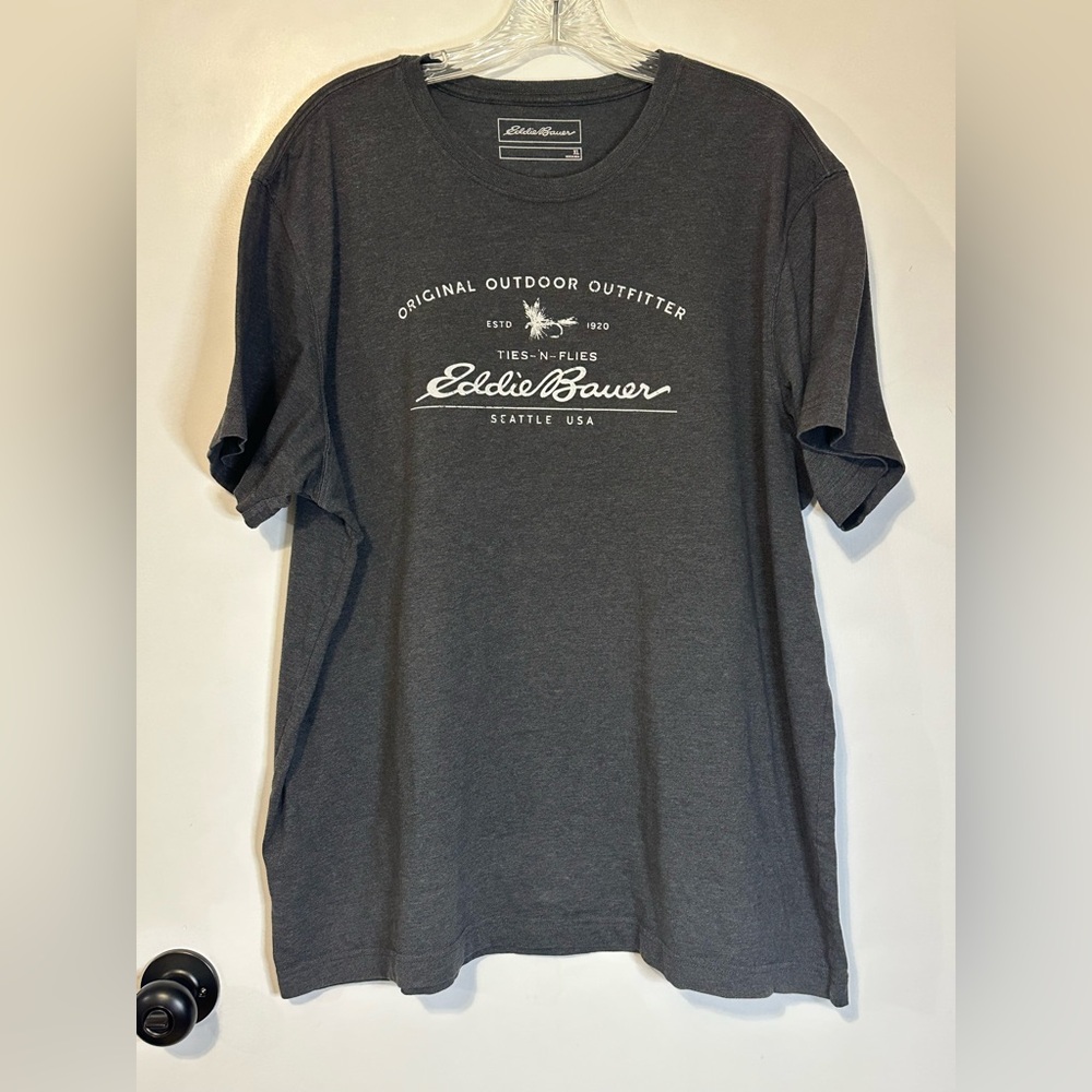 Eddie Bauer Seattle USA Ties-N-Flies Classic Logo Gray Short Sleeve‎ T-Shirt XL